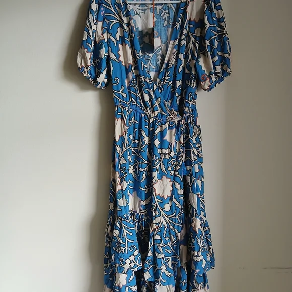 Women’s Knox Rose Blue Floral Puff Sleeve Layered Ruffle Hem Wrap Maxi Dress NWT - Picture 2 of 14